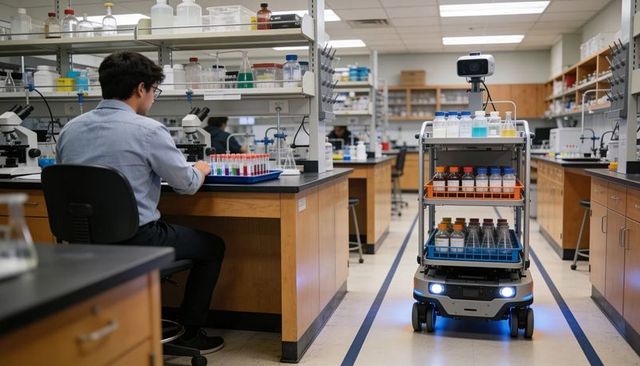 Autonomous lab robot delivering reagent bottles while researcher studying samples at bench