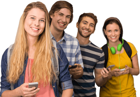 Smiling Diverse Students Using Smartphones in Transparent Background