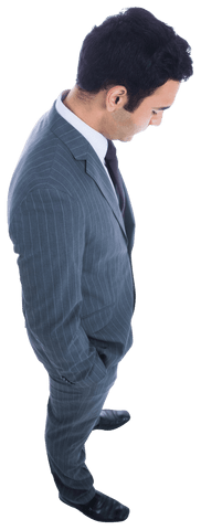 Transparent Hispanic Businessman Looking Down in Isolated Perspective