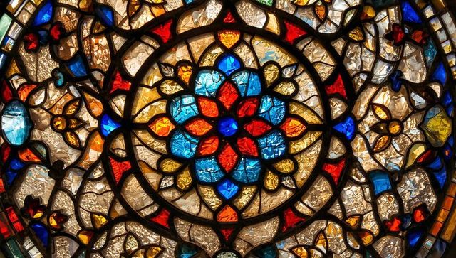 Intricate floral rosette in stained glass window art