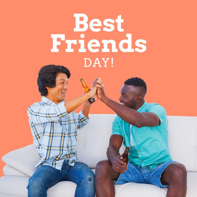 Perfect for promoting friendship events, beverage advertisements, or social media posts celebrating Best Friends Day. Captures the joy and camaraderie of close friends sharing a happy moment with drinks.