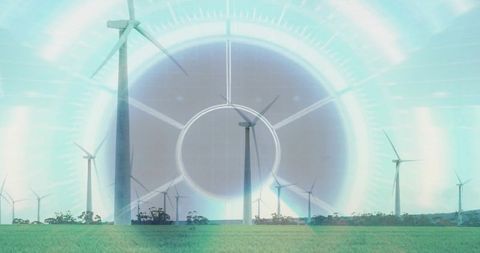 Futuristic Wind Farm with HUD Rings and Light Flares Over Green Meadow Horizon Concept