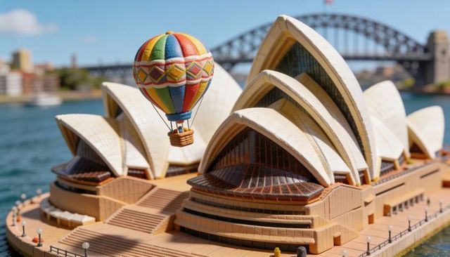 Miniature sydney opera house with colorful hot air balloon floating over model harbor
