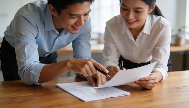 Business colleagues reviewing documents and signing contracts in modern office workspace
