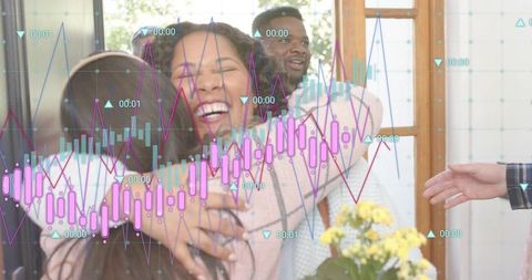 Joyful family reunion hugging and laughing with financial data overlay in sunlit doorway