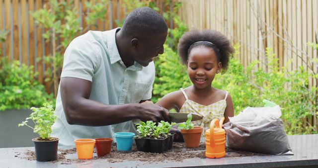 Image of african american father and daughter planting plants - Download Free Stock Photos Pikwizard.com