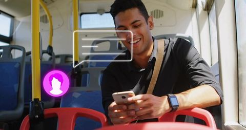 Smiling Commuter Texting on Bus with Smartwatch and Chat Overlay, Urban Mobile Lifestyle