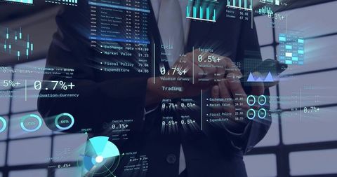Analyst reacting to alert, adjusting trades on tablet with holographic finance dashboards