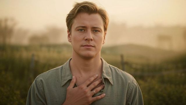 Young man standing in sunlit meadow placing hand over chest showing ring calm portrait
