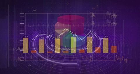 Neon Data Visualization Dashboard with Gold Bar Charts, Blue Line Trend and Radar Rings
