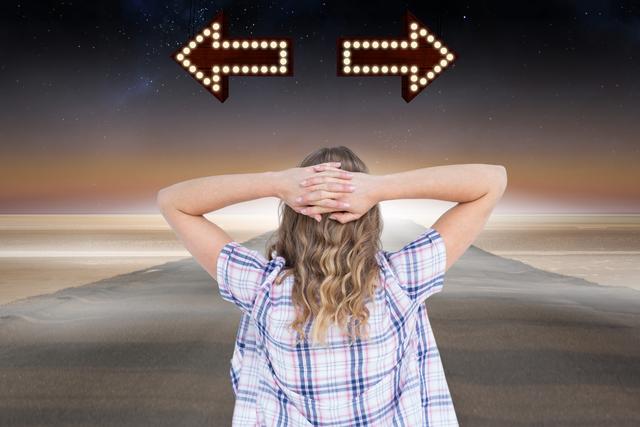 Rear view of confused woman with hands behind head looking at arrow symbols in sky - Download Free Stock Photos Pikwizard.com
