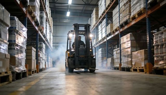 Forklift operator navigating smoky warehouse aisle between tall pallet racking