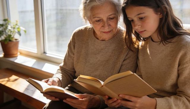 Cozy grandmother and granddaughter reading on sunlit window bench wearing neutral knits