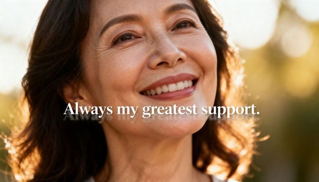 Smiling senior asian woman basking in golden light radiating gratitude and wellbeing