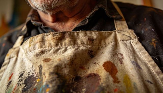 Senior artist wearing paint stained apron showing texture, brushwork, earth tones