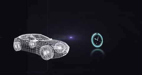 Digital Car Model Overlay with Futuristic Clock Icon