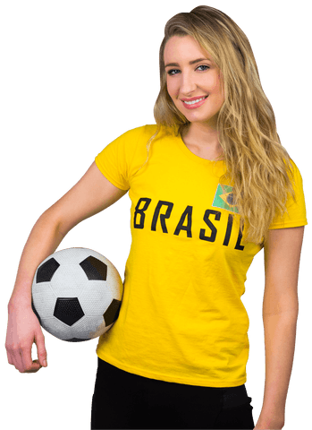 Smiling football fan in transparent brazil t-shirt with soccer ball