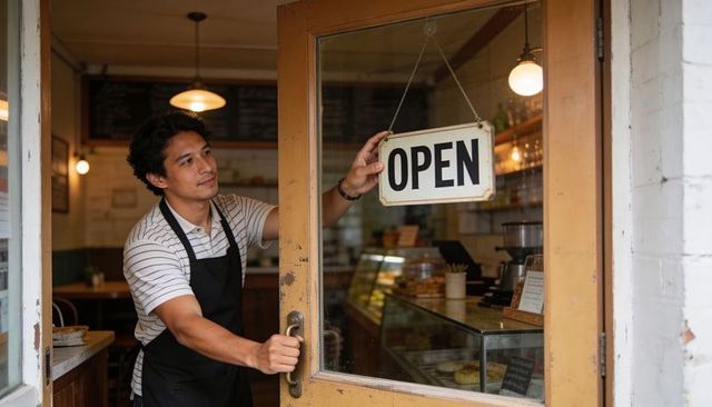 Barista opening cafe door hanging open sign welcoming customers behind counter
