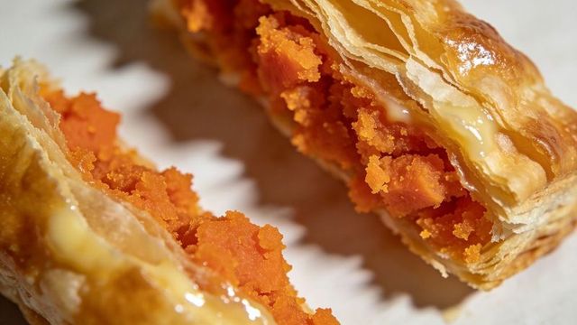 Crispy puff pastry breaking open revealing pumpkin puree filling closeup macro food