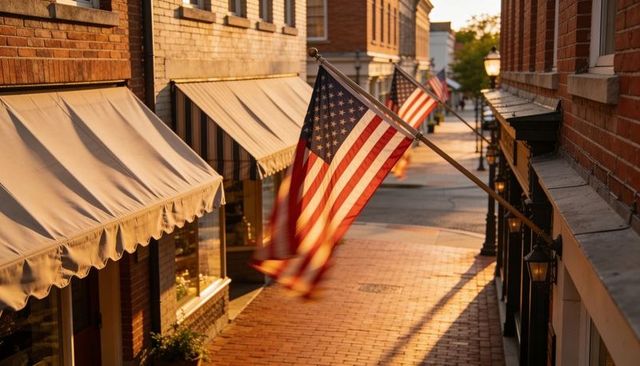 Waving american flags on historic brick main street during golden hour with awnings