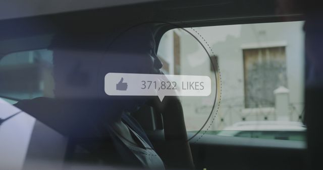 Person sitting in car looking pensive while social media likes overlay displays a large number of likes. Image can be used to represent social media impact on daily life, digital engagement, mental reflection on online presence, or the influence of internet interactions.