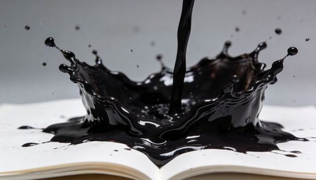 Pouring black ink creating crown-shaped splash on open book pages with glossy droplets