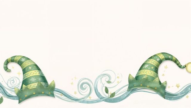 Festive green elf hats border featuring swirling aqua ribbons, gold bell and stars