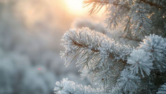 Frost-covered conifer branch catching golden sunrise backlight on winter morning