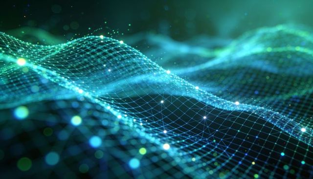 Cyan-teal digital mesh wave visualizing data network with glowing nodes and particles