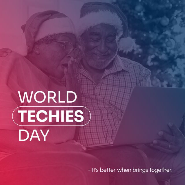 Elderly couple wearing Christmas hats enjoying a holiday video call on a laptop, celebrating World Techies Day. Perfect for promotions about digital connectivity, senior engagement with technology, holiday greetings, and modern ways to stay in touch.