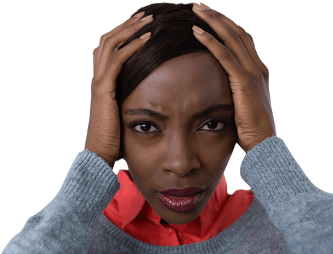 Stressed woman holding head in looking frustrated transparent background