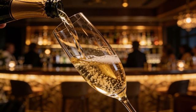 Pouring champagne into tilted flute with effervescent bubbles at backlit lounge bar