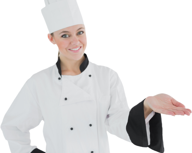 Smiling Woman Chef Holding Open Palm in White Uniform on Transparent Background - Download Free Stock Videos Pikwizard.com