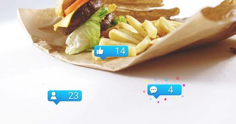 Wrapped cheeseburger with fries featuring social media notifications for food marketing
