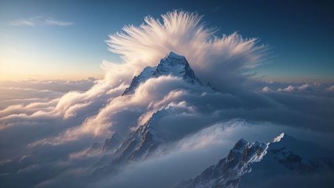 Majestic Mountain Peak Piercing Serene Swirling Clouds