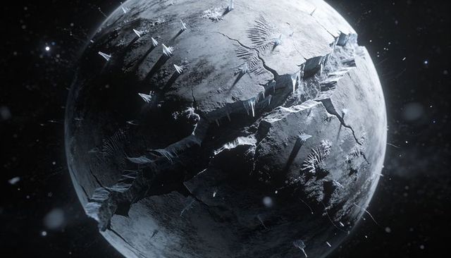 Fracturing ice planet with crystal spires and deep crevasses in deep space