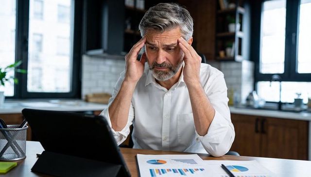 Senior man holding temples concentrating while reviewing financial charts on tablet at home office