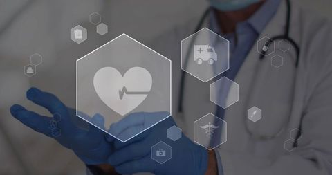 Senior doctor pulling blue nitrile gloves with stethoscope and medical HUD hexagon icons