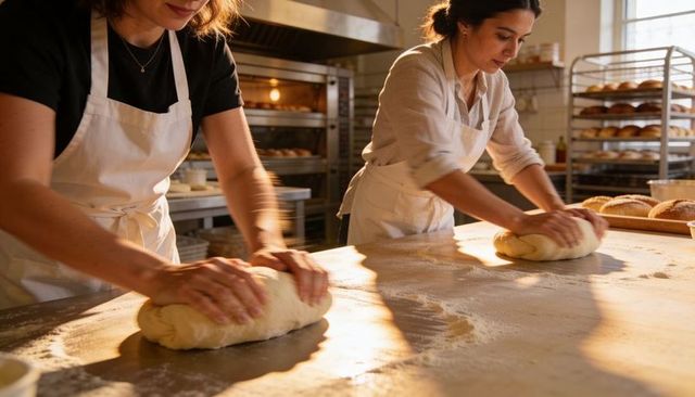 Artisan bakers kneading dough on floured stainless table in sunlit bakery kitchen