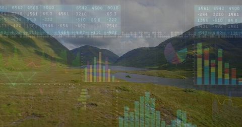 Remote mountain valley with data overlay, transparent charts and analytics visualization