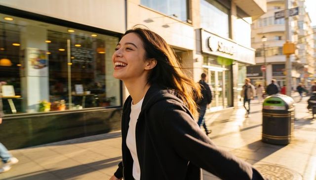 Smiling asian woman wearing black hoodie walking through sunlit city street in motion