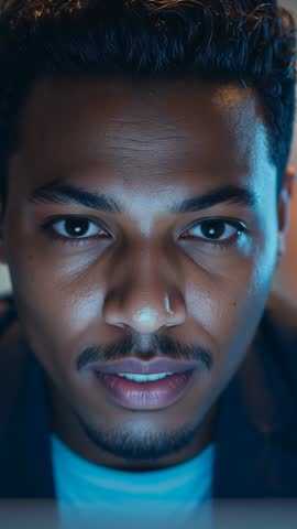 Leaned-in man focusing on laptop glow in vertical video for remote work and concentration