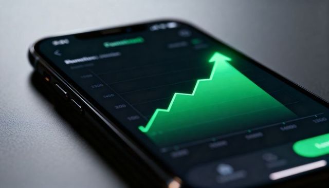 Smartphone showing green upward financial chart and arrow on dark matte surface