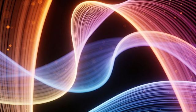 Flowing neon ribbon streams crossing dark backdrop with gradient motion and particles