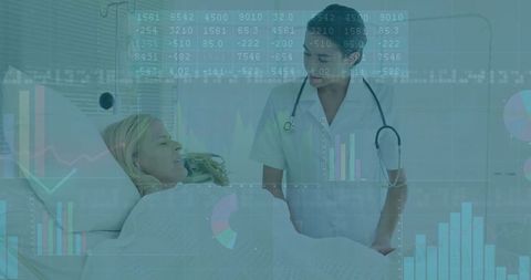 Nurse consults patient with digital analytics overlay in hospital setting