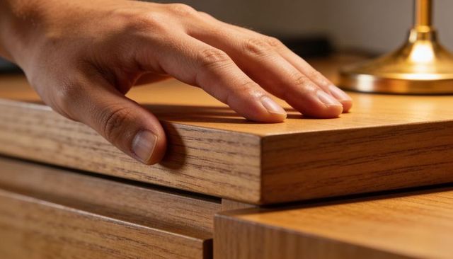 Resting hand touching wooden nightstand top beside brass lamp, warm wood texture closeup