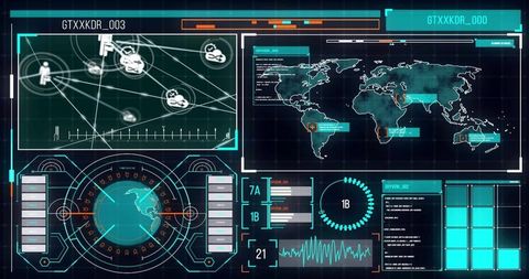 Futuristic HUD Control Panel Showing Global Network, Radar Globe and Telemetry