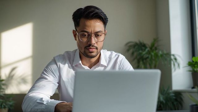 Focused asian man wearing eyeglasses in white shirt working on laptop at bright office