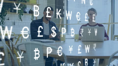 Team Analyzing Financial Data with Overlay of Currency Symbols