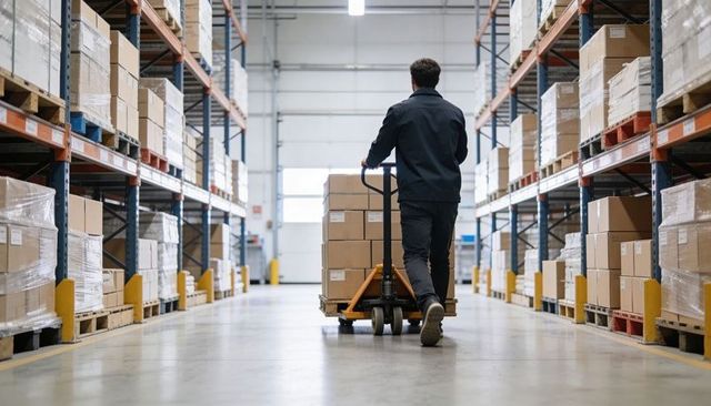 Warehouse worker pushing pallet jack down aisle with stacked boxes in distribution center